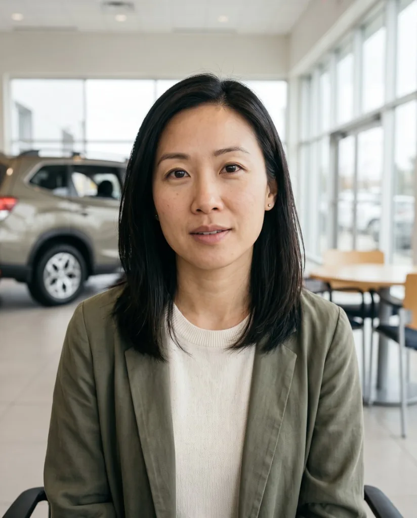 Elena, a fictional buyer seated in a car showroom, facing the camera.